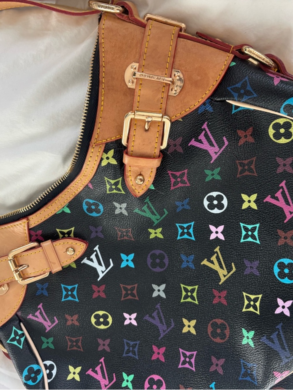 Greta Louis Vuitton Black Murakami Multicolor Shoulder Bag with Natural Leather